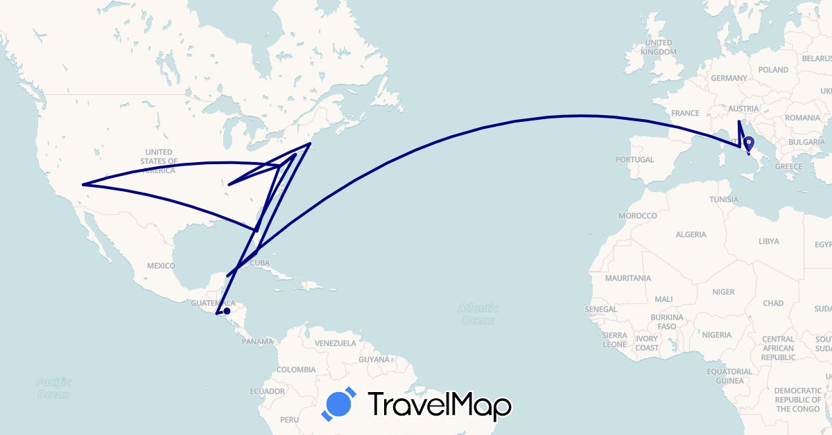 TravelMap itinerary: driving in Honduras, Italy, Mexico, El Salvador, United States (Europe, North America)